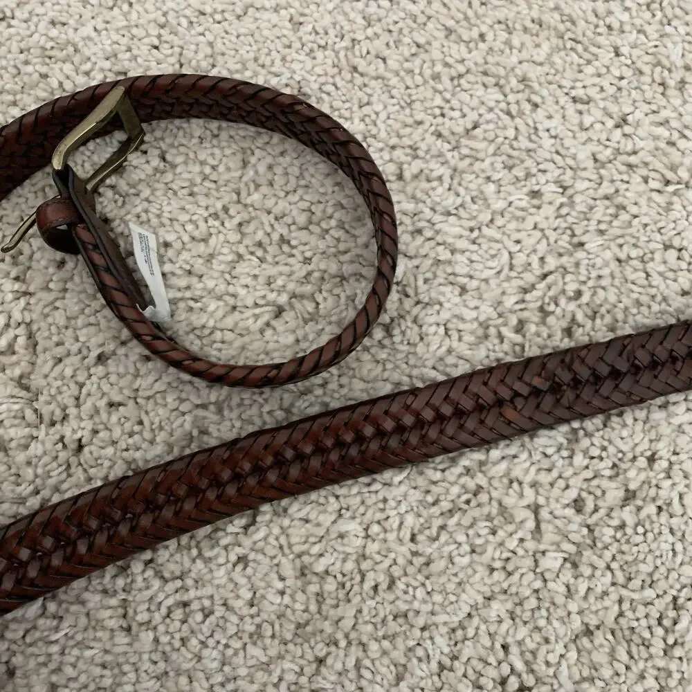 Lands’ End Leather Braided Belt Mens Sz 42 Brown Brass Buckle Adjustable